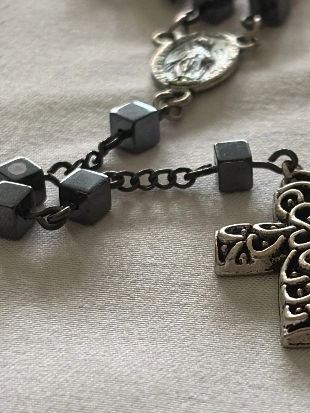Gunmetal Rosary-Style Cross Necklace